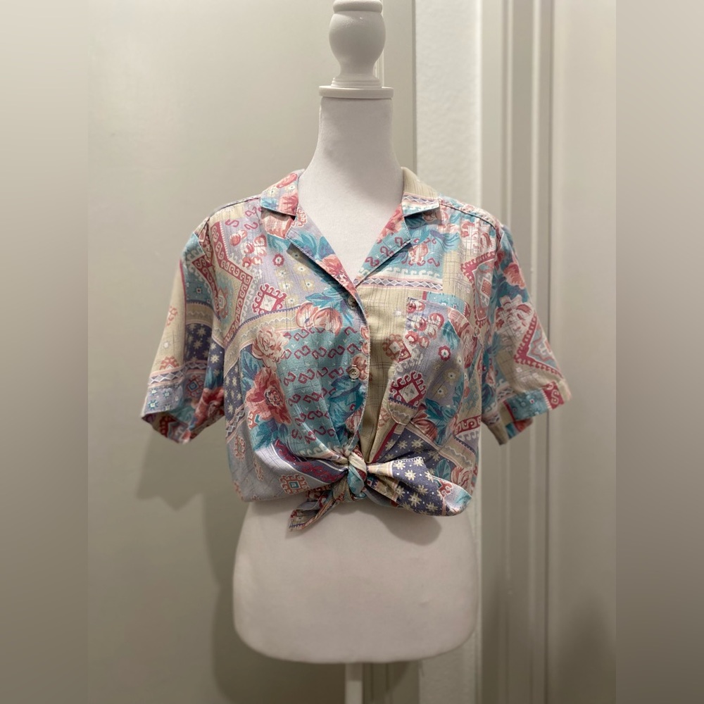 VTG 80s Alfred Dunner Beige Floral & Tribal Patterned Button-Up Shirt Blouse - L